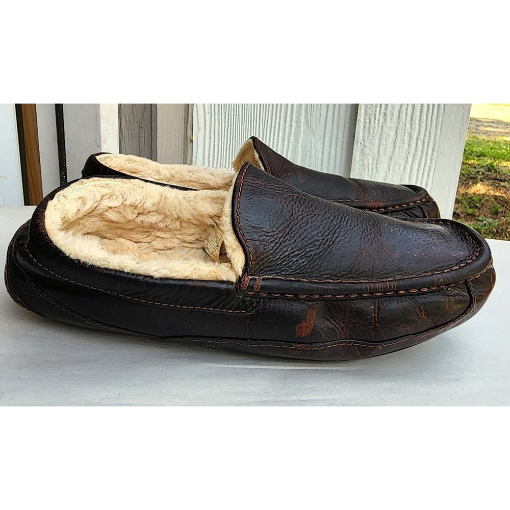 UGG Ascot Leather Slippers Plush Wool Sz 11 Loafers Brown Driving Cozy Warm Soft
